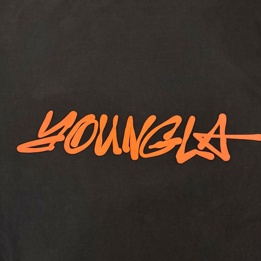 YoungLA Mens Washed Black Orange Graphic Tee Model 431 Raw Hem Shirt Size M - Picture 5 of 8